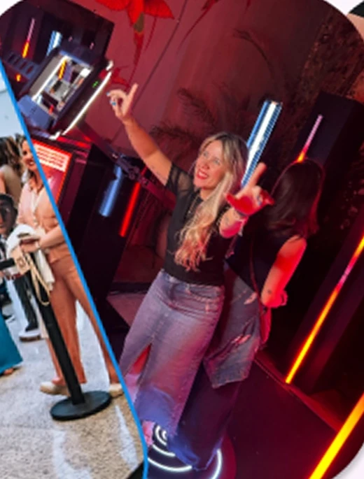 Guest posing inside a red illuminated 180 Videobooth environment