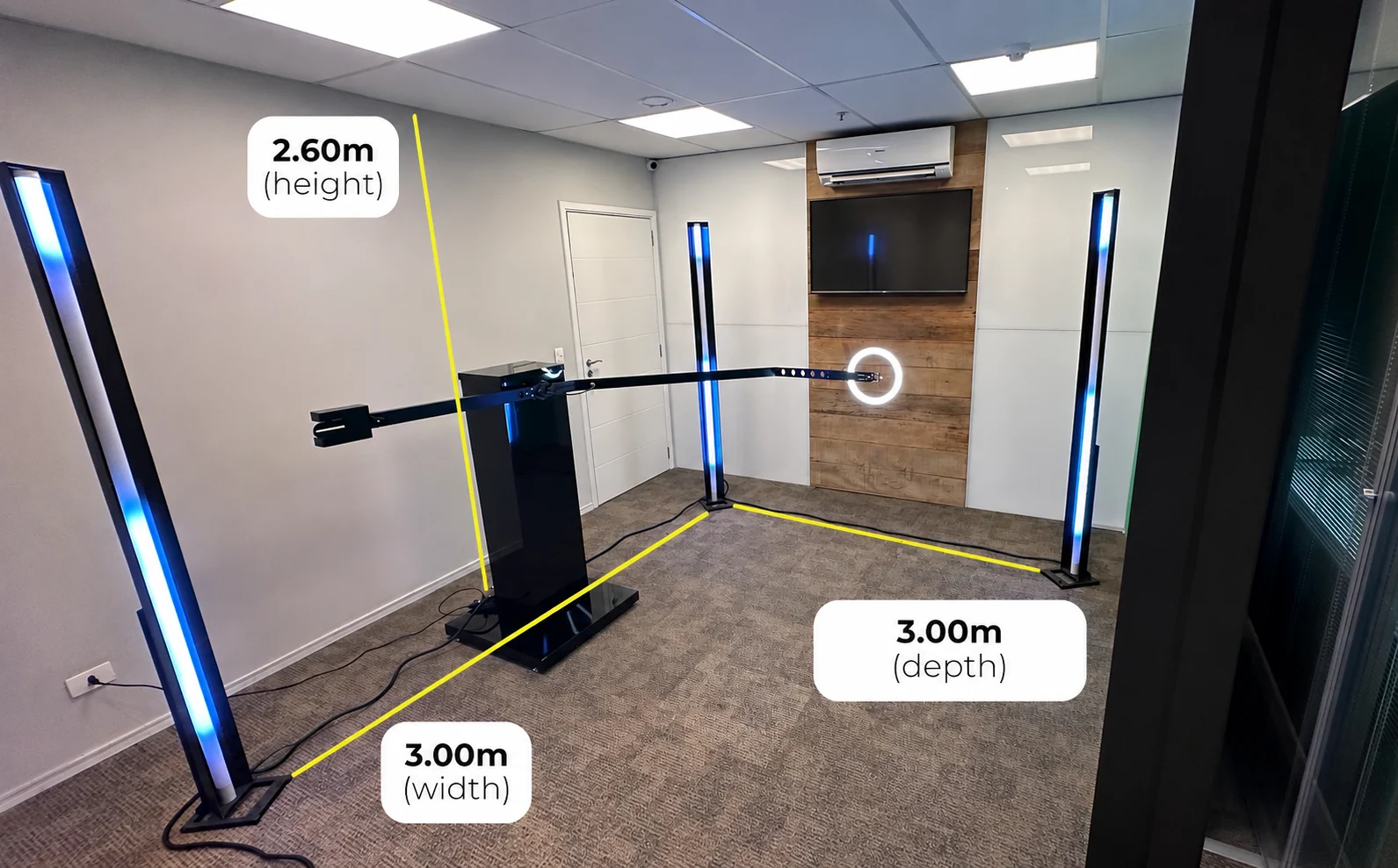 180 Videobooth installation diagram showing 3.00 meter width, 3.00 meter depth, and 2.60 meter clear height